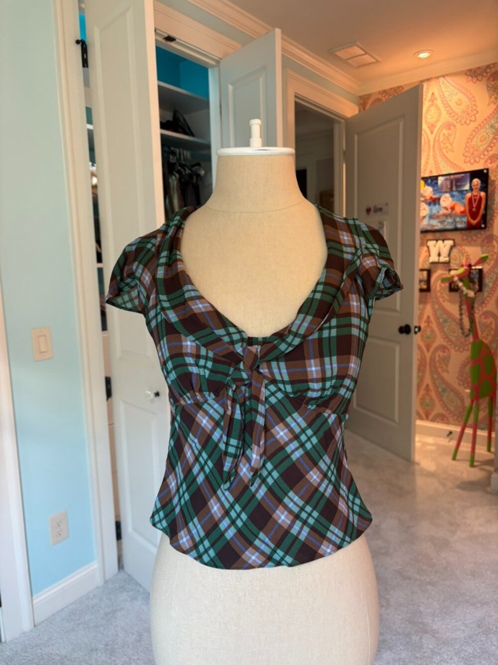 Reformation Brown and Teal Plaid Short Sleeve Blouse